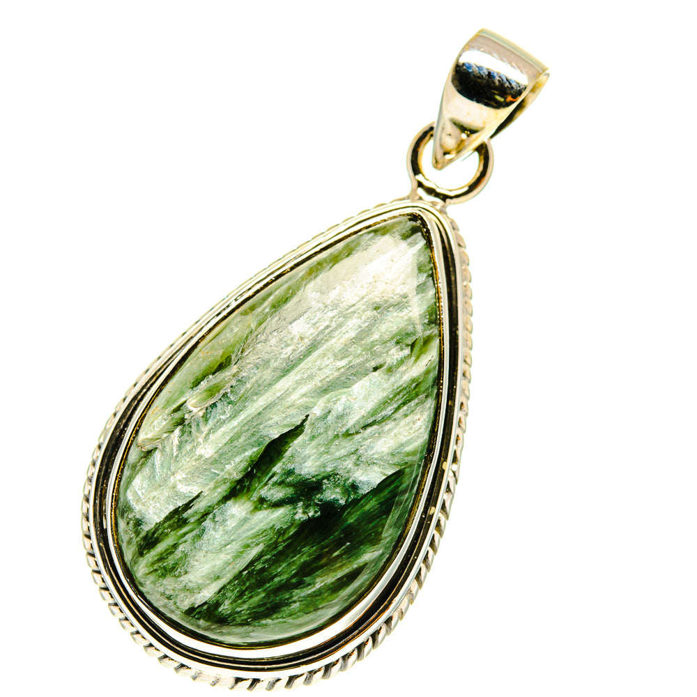 925 sterling silver seraphinite pendant, teardrop green stone with ornate bezel