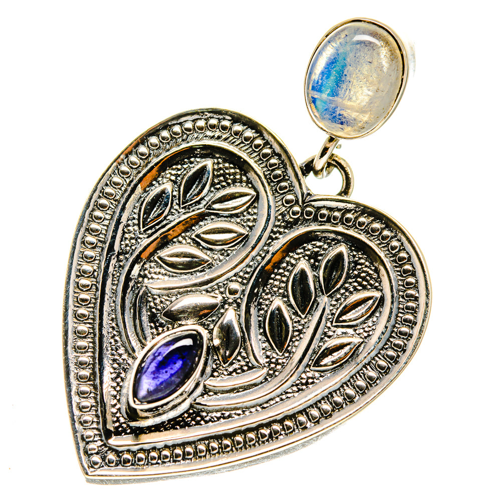 Heart-shaped pendant in silver tone with leaf engraving, purple-blue oval and blue round stone