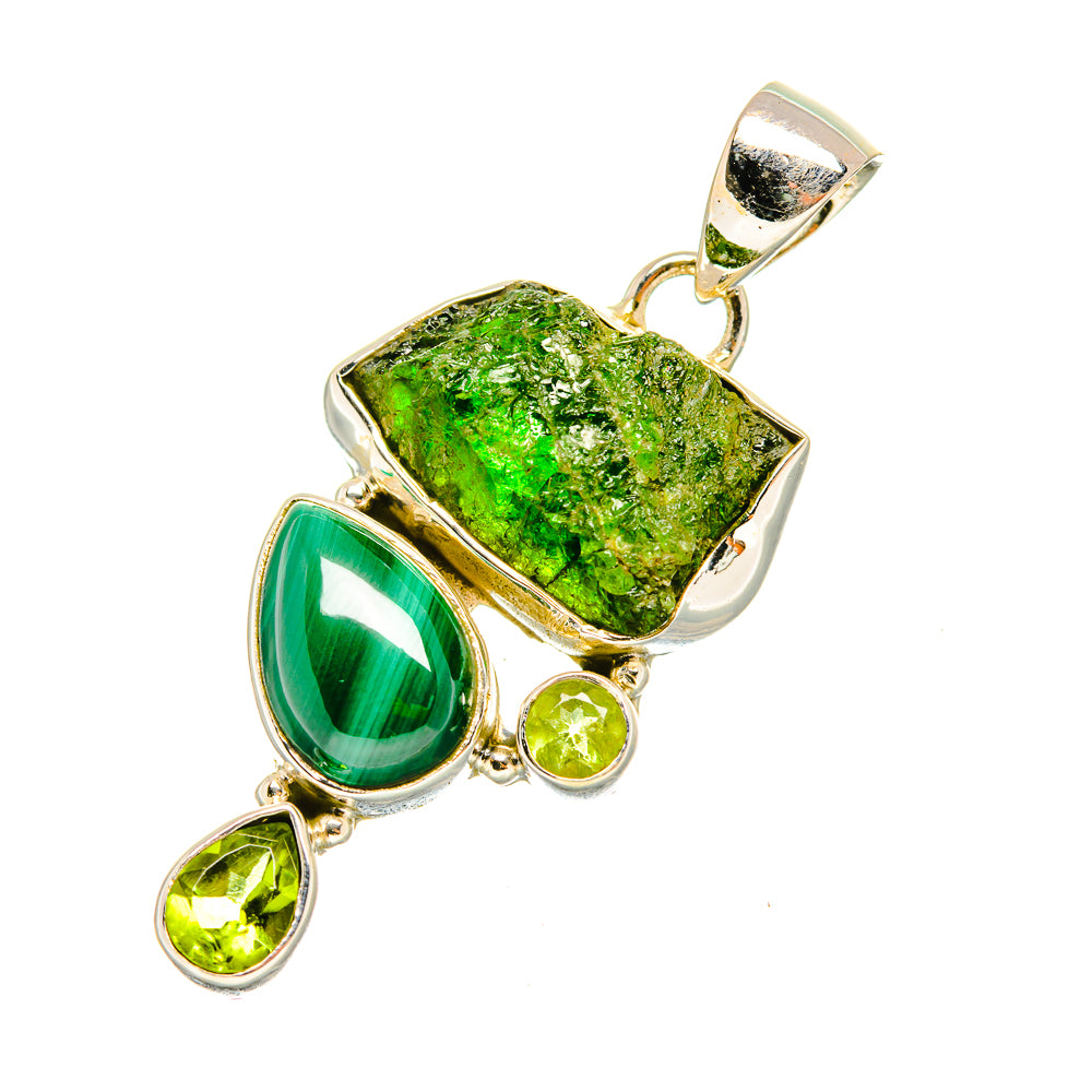 Green gemstone pendant in sterling silver with rough center stone and teardrop accents