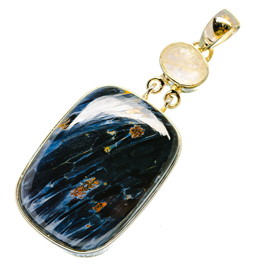 Pietersite and moonstone pendant with dark blue oval stone, gold setting, round moonstone