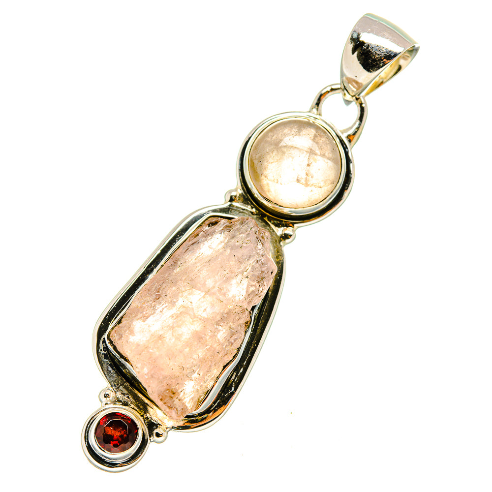 Sterling silver gemstone pendant featuring rough rose quartz, round pink top stone, red garnet.