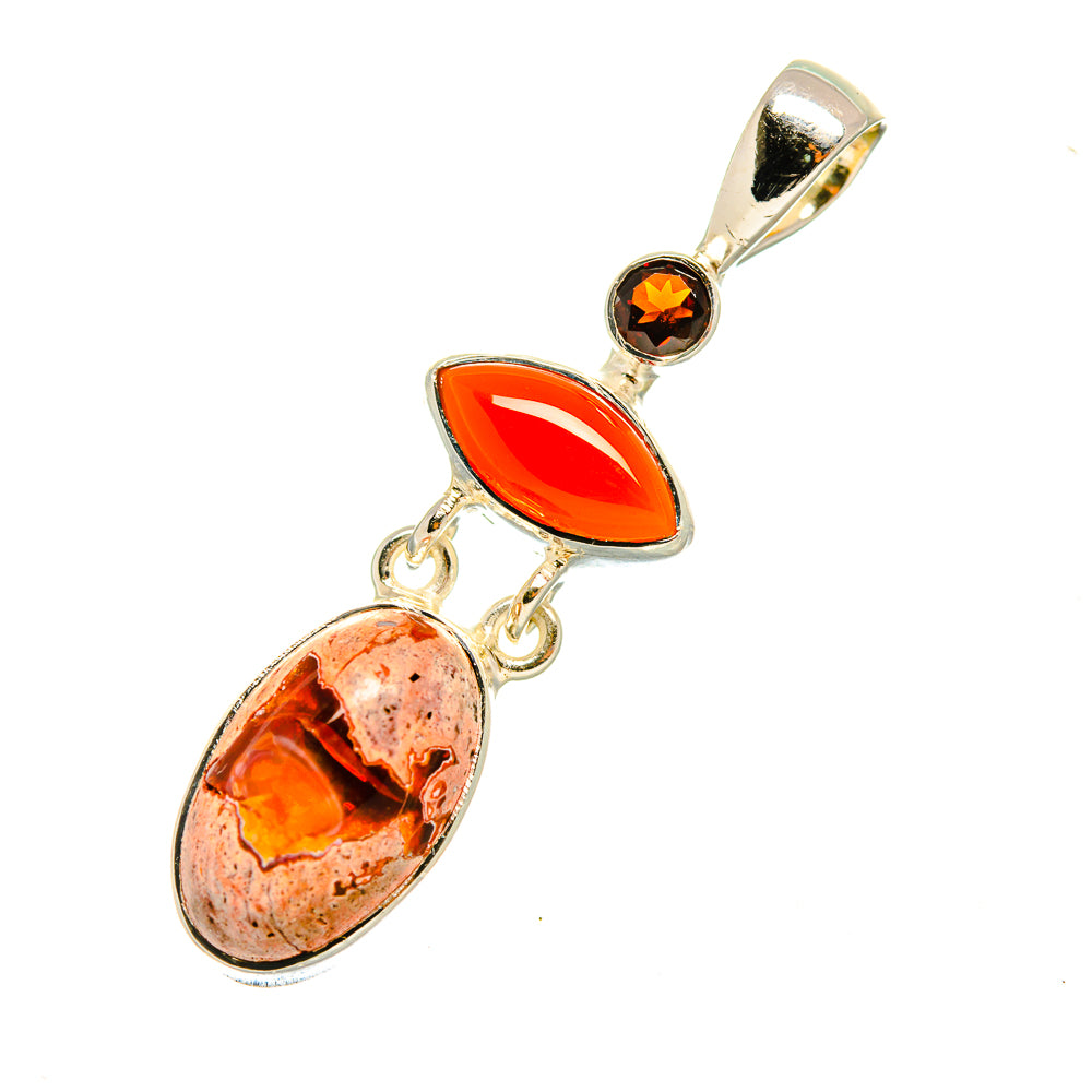 Sterling silver gemstone pendant with dark round stone, orange marquise, and marbled orange oval