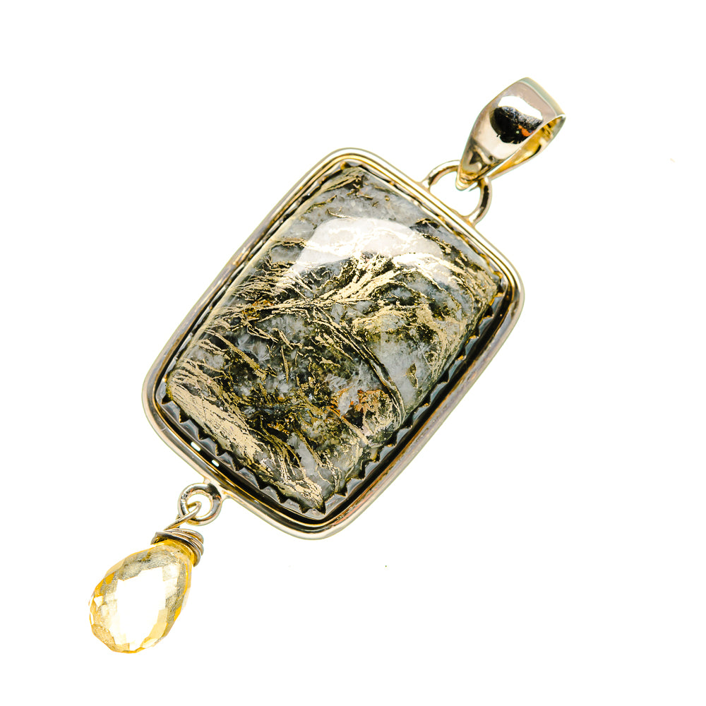 Rectangular pyrite agate pendant in gold-tone bezel with citrine teardrop dangle