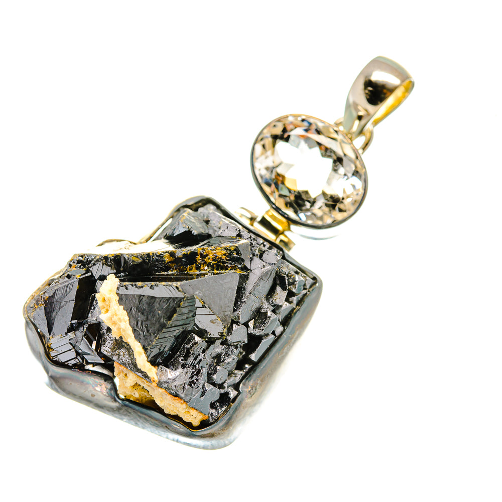 Rough shungite and clear quartz oval pendant with gold-tone bail, 925 sterling silver