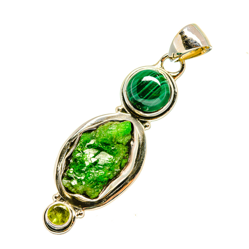 Sterling silver green gemstone pendant with round center stone, oval side stone, and bail