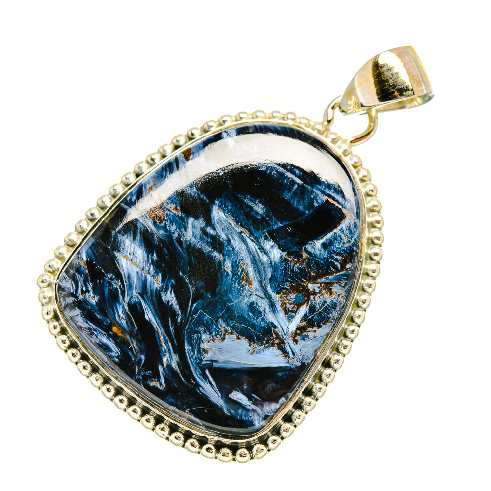 Pietersite pendant in sterling silver with blue patterned stone teardrop bezel