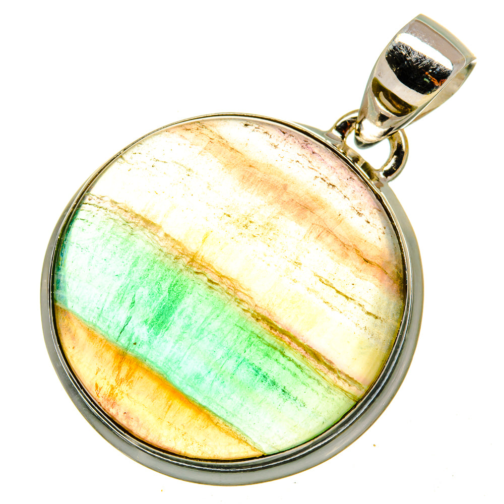 Green fluorite pendant in sterling silver bezel, oval cabochon with green diagonal stripe