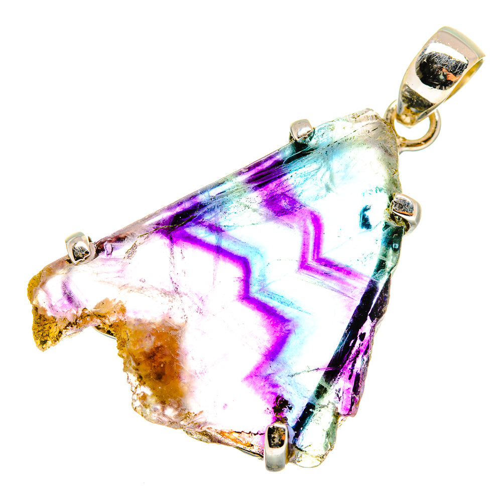 Fluorite pendant in 925 sterling silver with white, purple and blue crystal, prong set