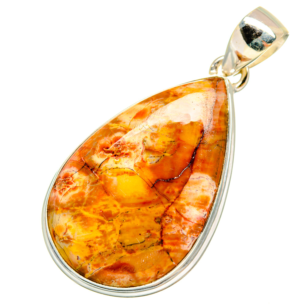 Orange teardrop jasper pendant with sterling silver bail and metal frame
