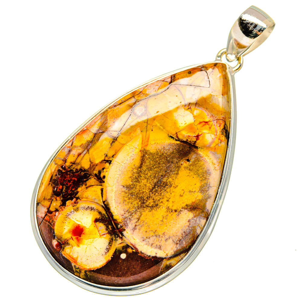 Teardrop amber jasper pendant with silver frame and bail, yellow and black mottling