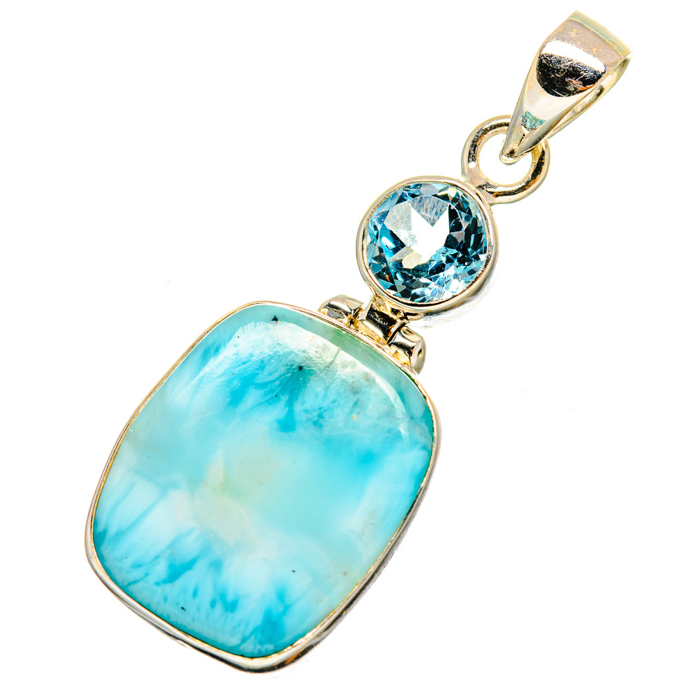 Sterling silver pendant with oval blue larimar and round blue topaz, open bail