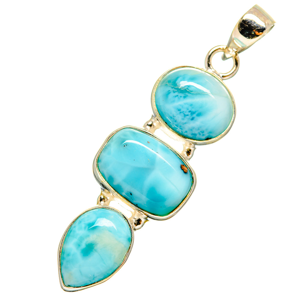 Larimar stone pendant with three oval turquoise cabochons in 925 silver bezel