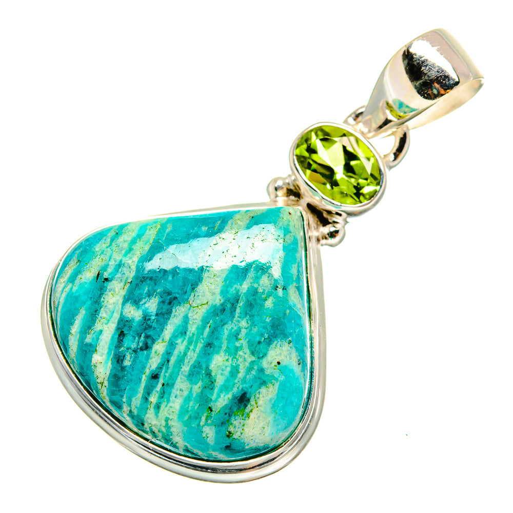 Amazonite and peridot sterling silver pendant, teardrop turquoise stone with bezel-set green gem
