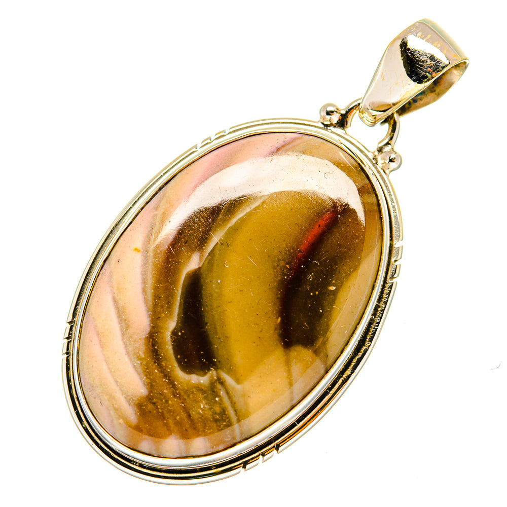 Oval jasper cabochon pendant in 925 sterling silver with gold-tone bail