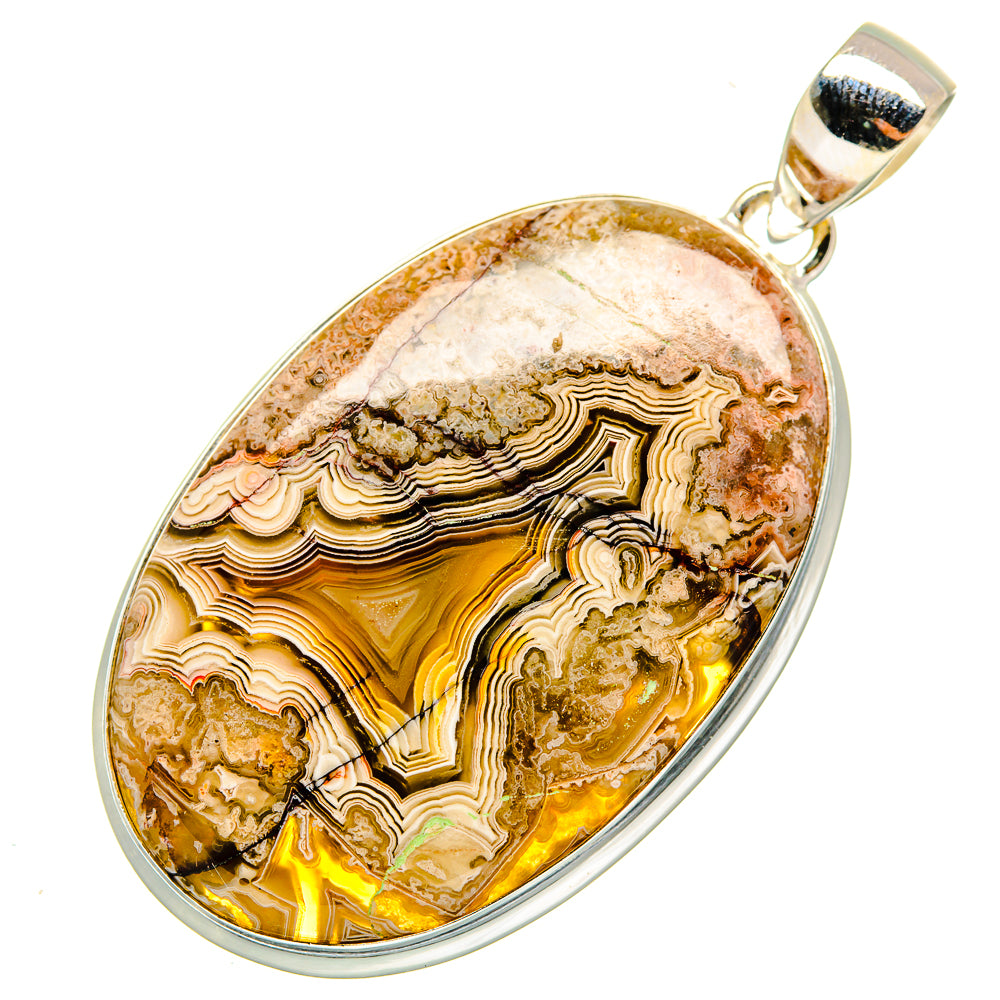 Sterling silver oval lace agate pendant with gold, cream and brown swirls