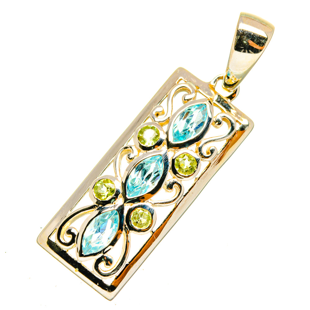 Rectangular sterling silver pendant with blue and green gemstones in filigree setting