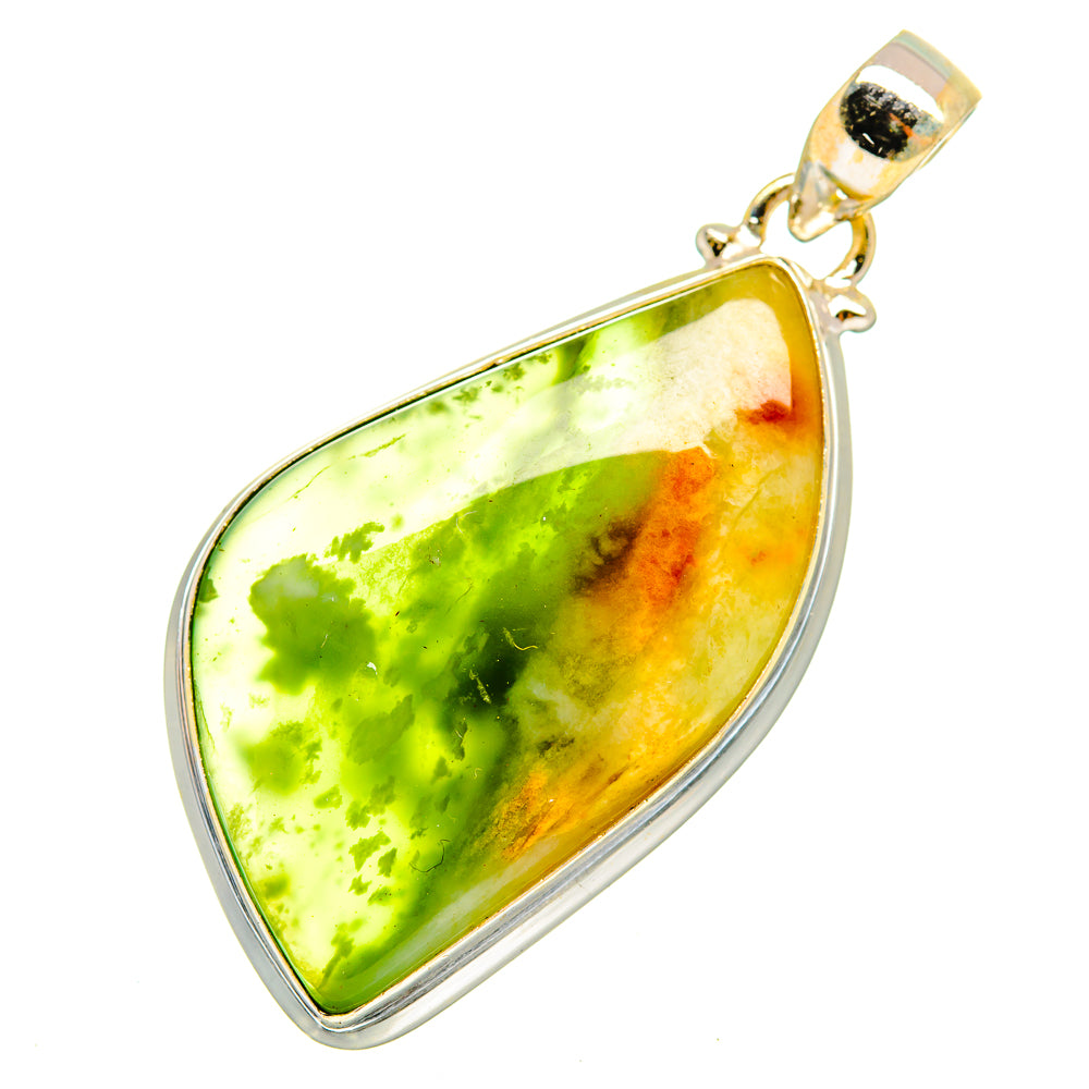 Green and yellow opal teardrop pendant with silver-tone bezel and bail