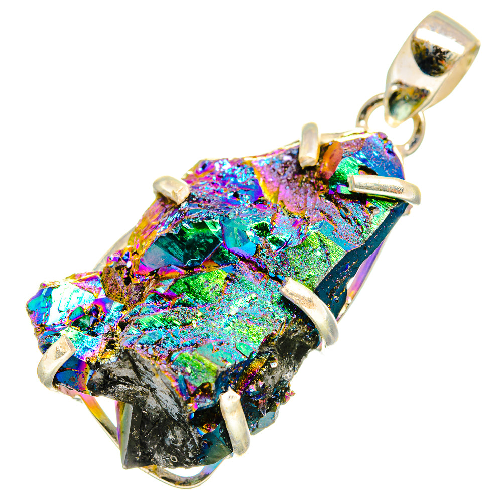 Iridescent drusy crystal pendant in silver prong frame with hanging loop