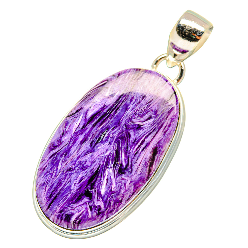 Charoite pendant in oval 925 sterling silver bezel, purple gemstone with wrapped bail