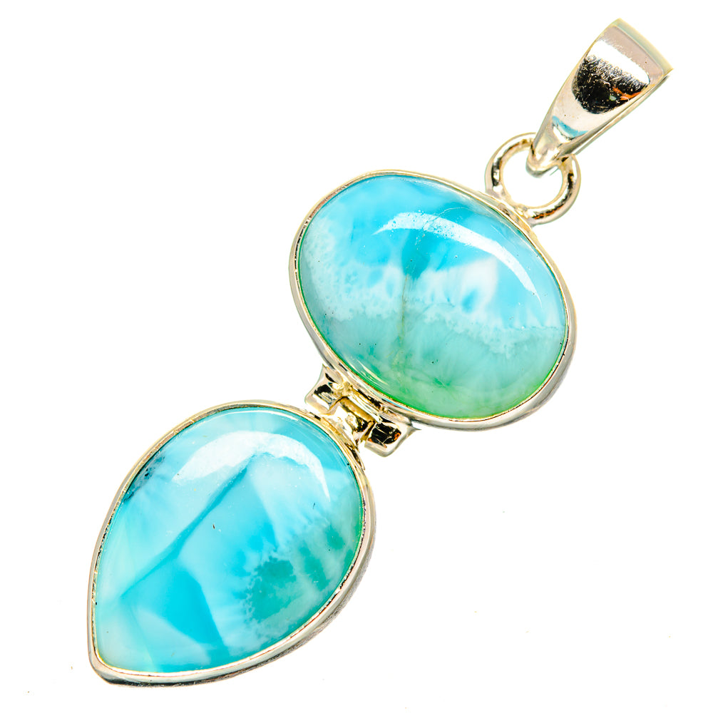 Oval Larimar stone pendant in 925 sterling silver with chain loop and twin stones