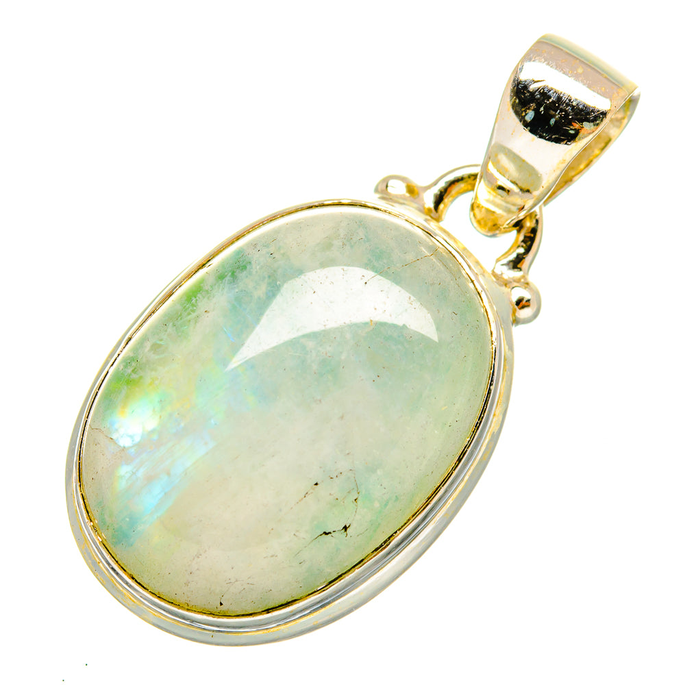 Large oval green moonstone pendant with polished gold-tone bail and 925 silver frame