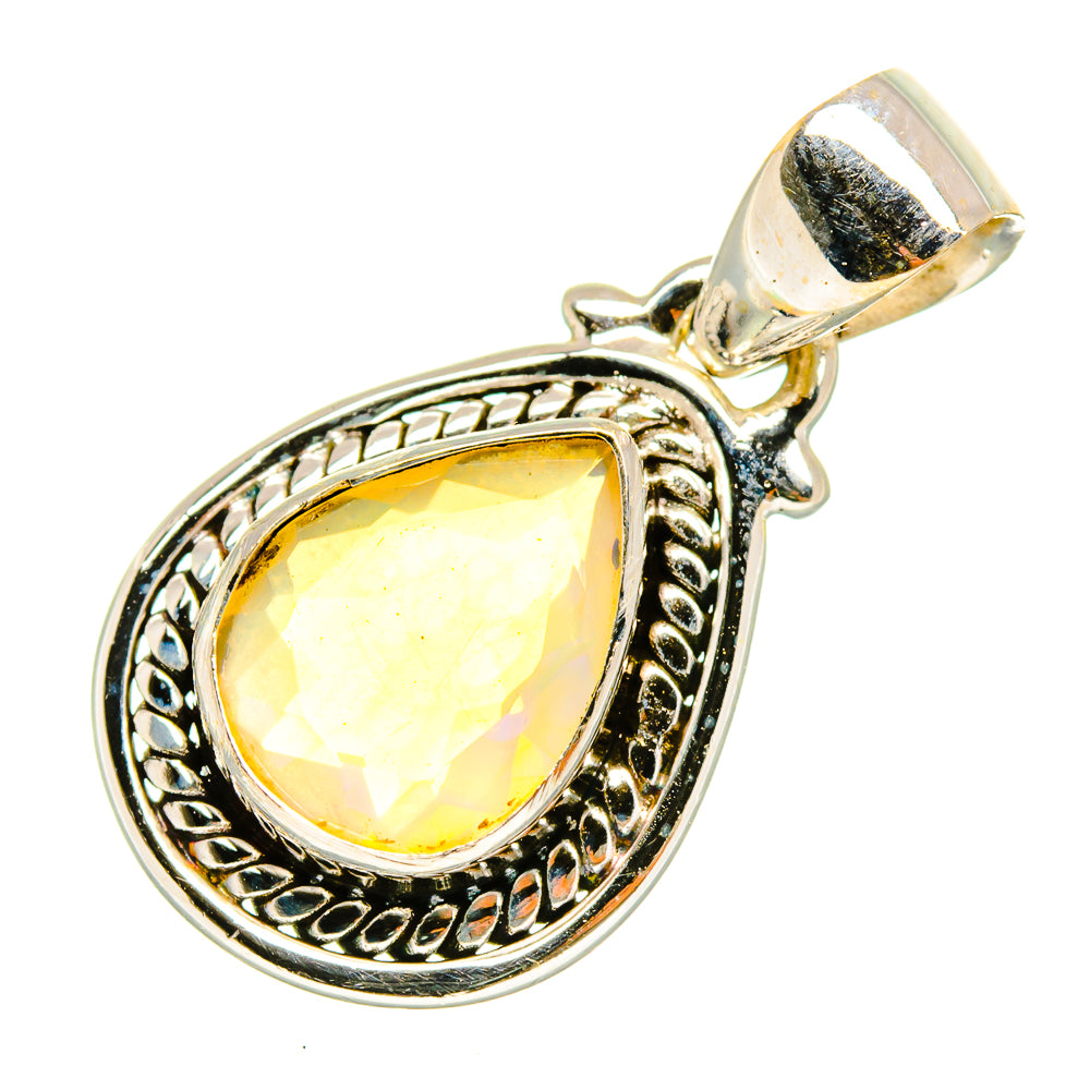 Faceted Ethiopian opal pendant in 925 sterling silver with teardrop yellow stone