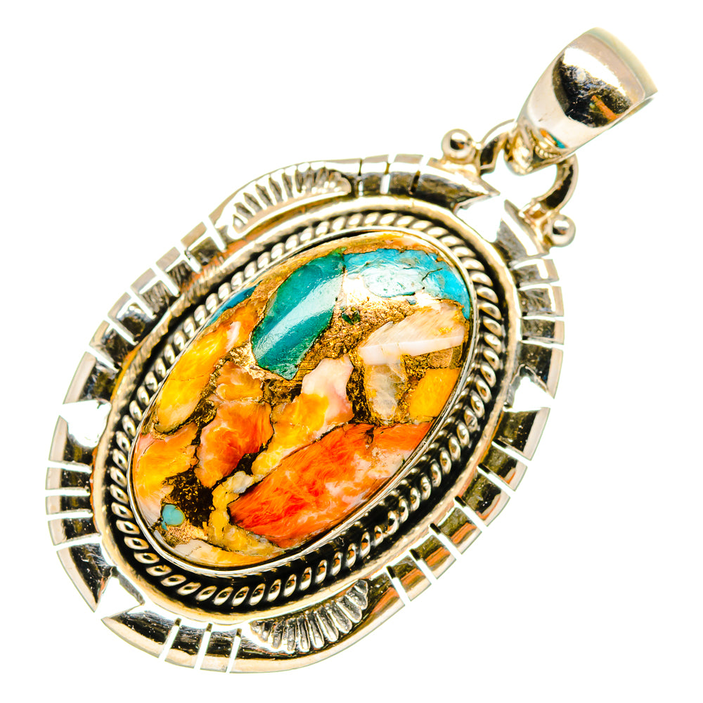 Oval spiny oyster pendant with turquoise inlay, ornate sterling silver bezel and top bail