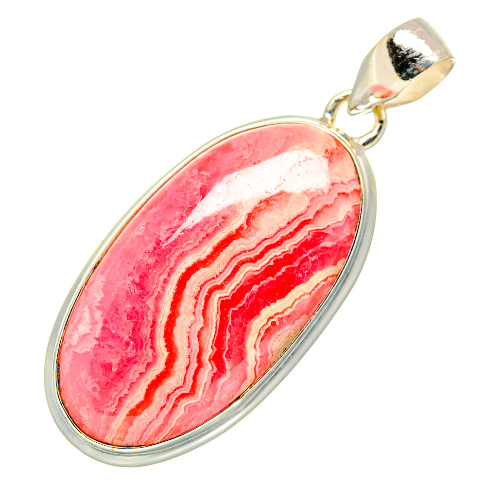 925 sterling silver bezel oval rhodochrosite pendant, pink red striped stone
