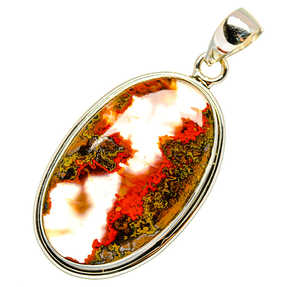 Oval Moroccan agate pendant in 925 sterling silver bezel, red, green and gold stone