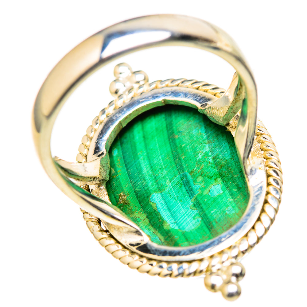 Sterling silver malachite ring, oval green stone with rope-edged bezel and prongs