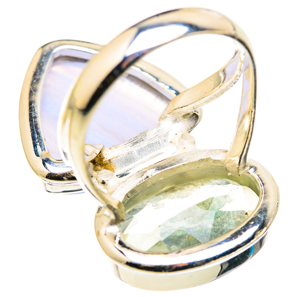 Sterling silver ring with stacked oval light-blue and green gemstones, prong set