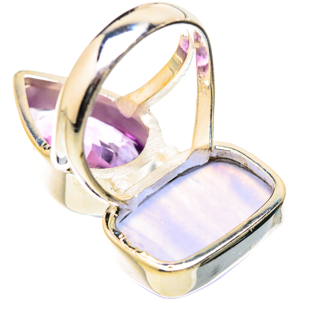 Sterling silver ring showing purple amethyst teardrop atop pale lavender cabochon
