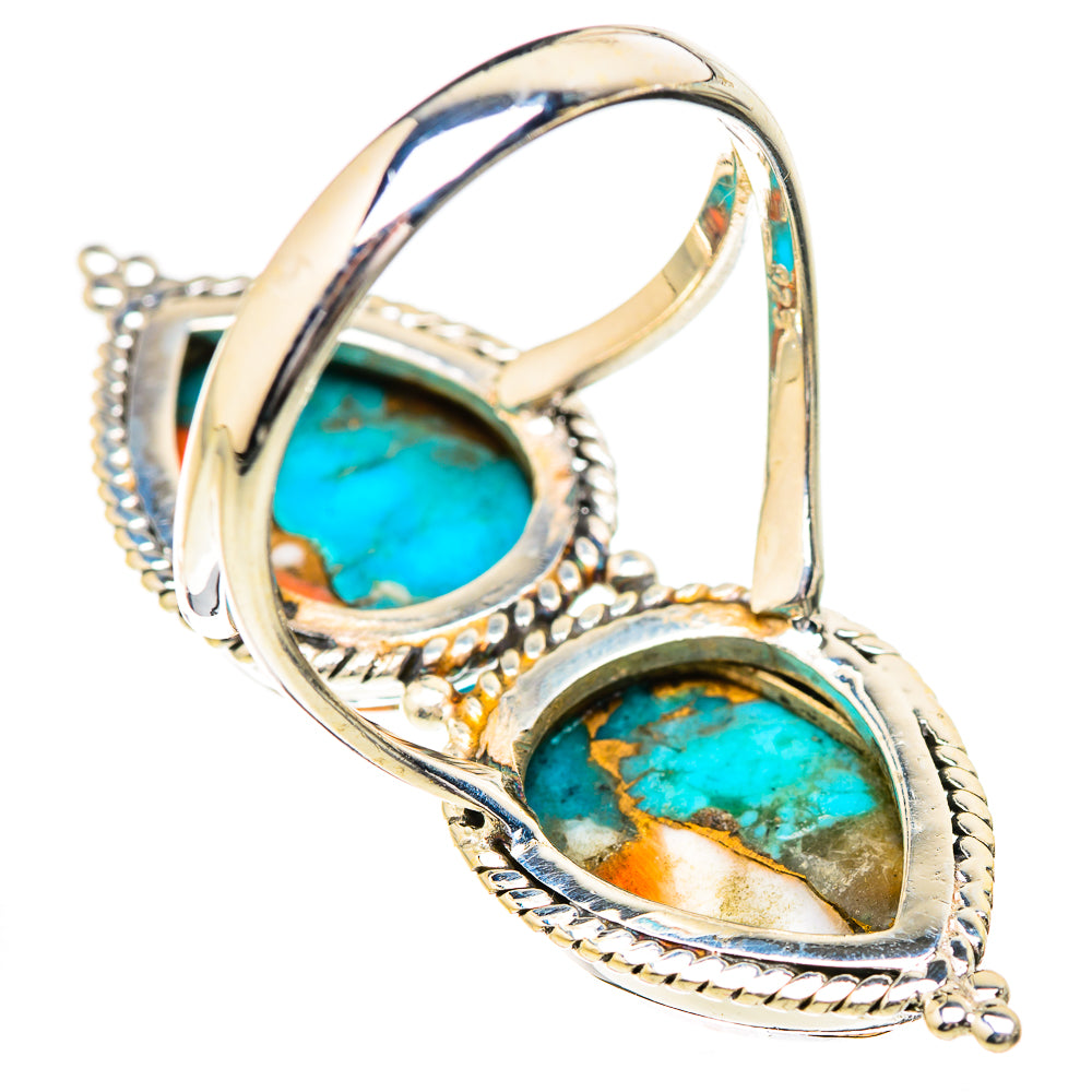 Sterling silver ring with two oval turquoise spiny oyster cabochons, open curve top