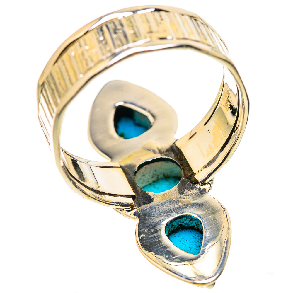 Turquoise cabochon ring with three teardrop stones and gold-tone prongs, 925 sterling silver