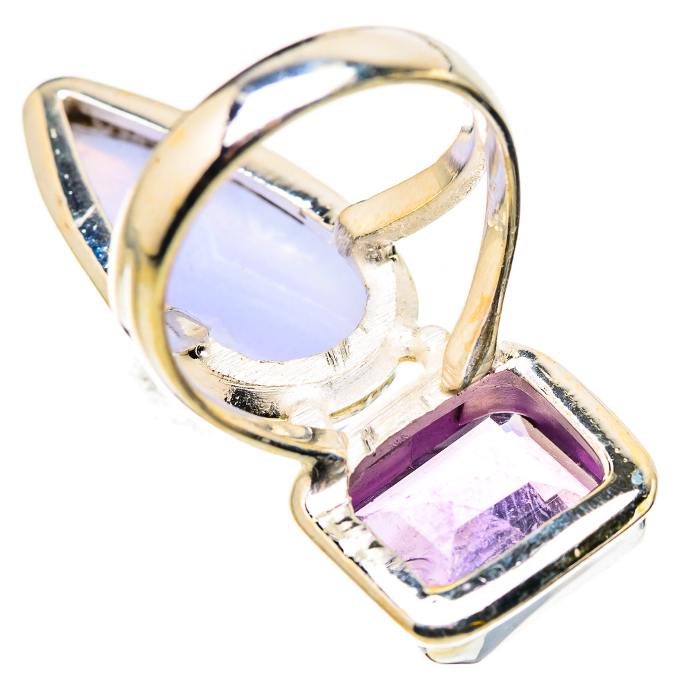 Gemstone ring with oval light blue center stone and purple square side stone, polished band