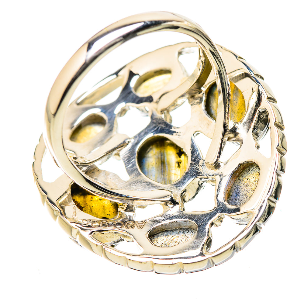 Sterling silver labradorite cluster ring, reflective gold-tone and blue oval stones
