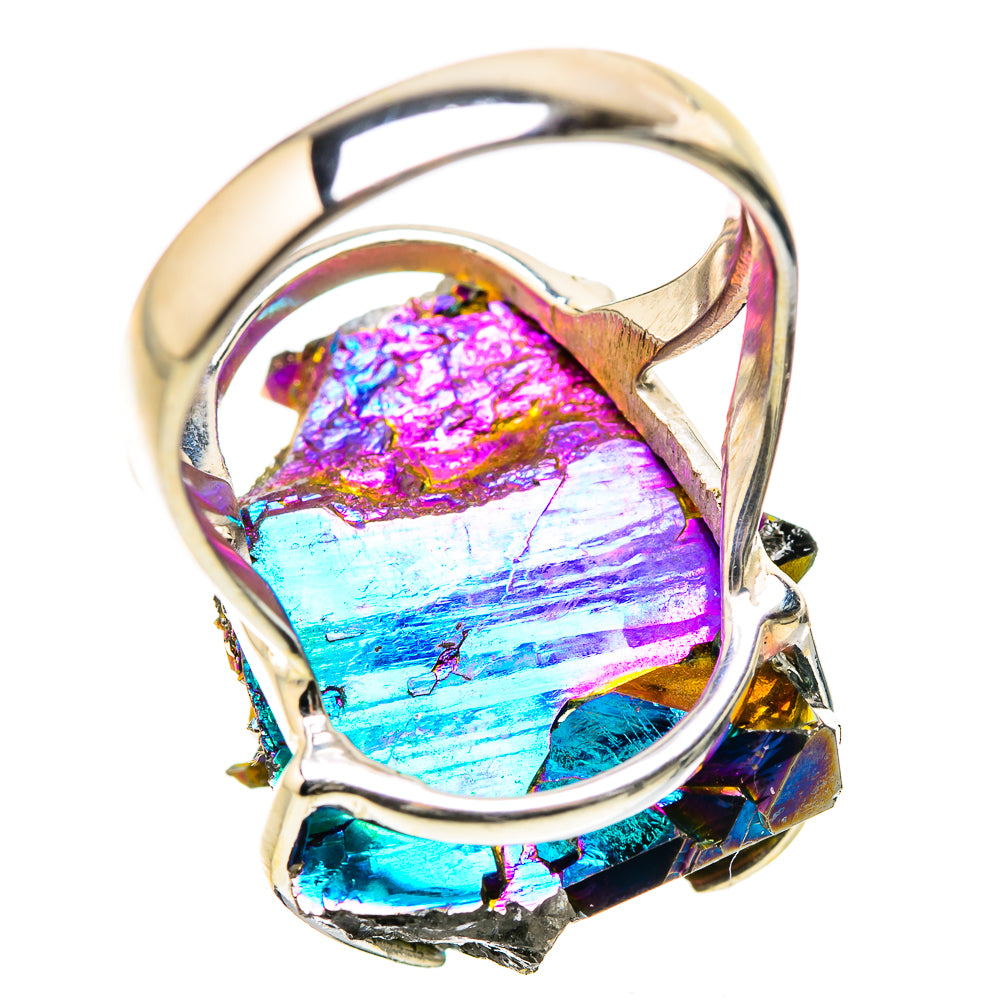 Sterling silver drusy ring with purple-blue iridescent center stone and prongs