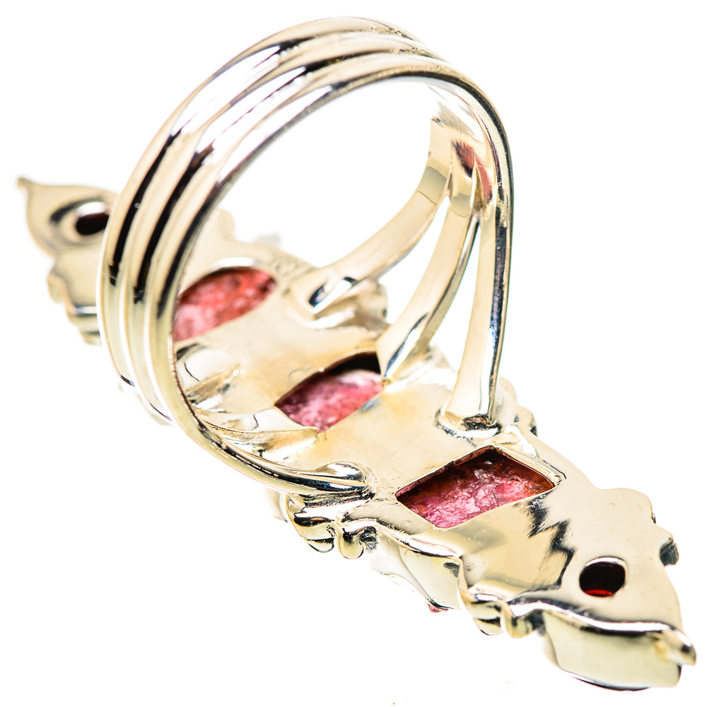Open back of rough pink stone ring with prong set 925 sterling silver band