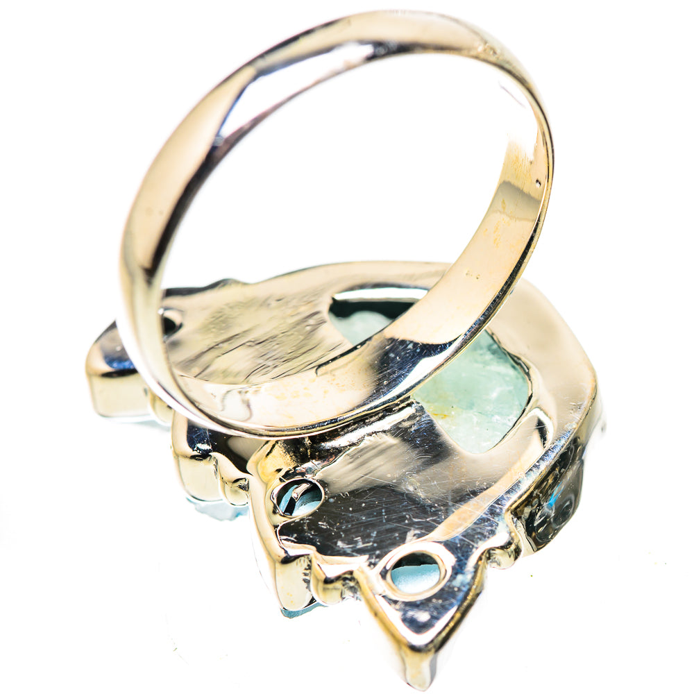 Sterling silver ring back view with prong-set rough aquamarine and blue chalcedony