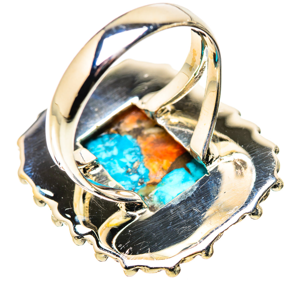 Sterling silver spiny oyster turquoise ring, side view of raised bezel and cabochon