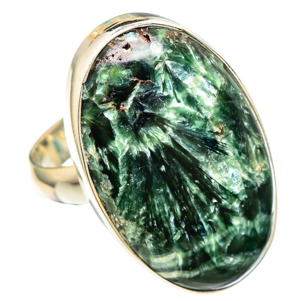 Large oval green seraphinite cabochon ring, 925 sterling silver bezel, size 8