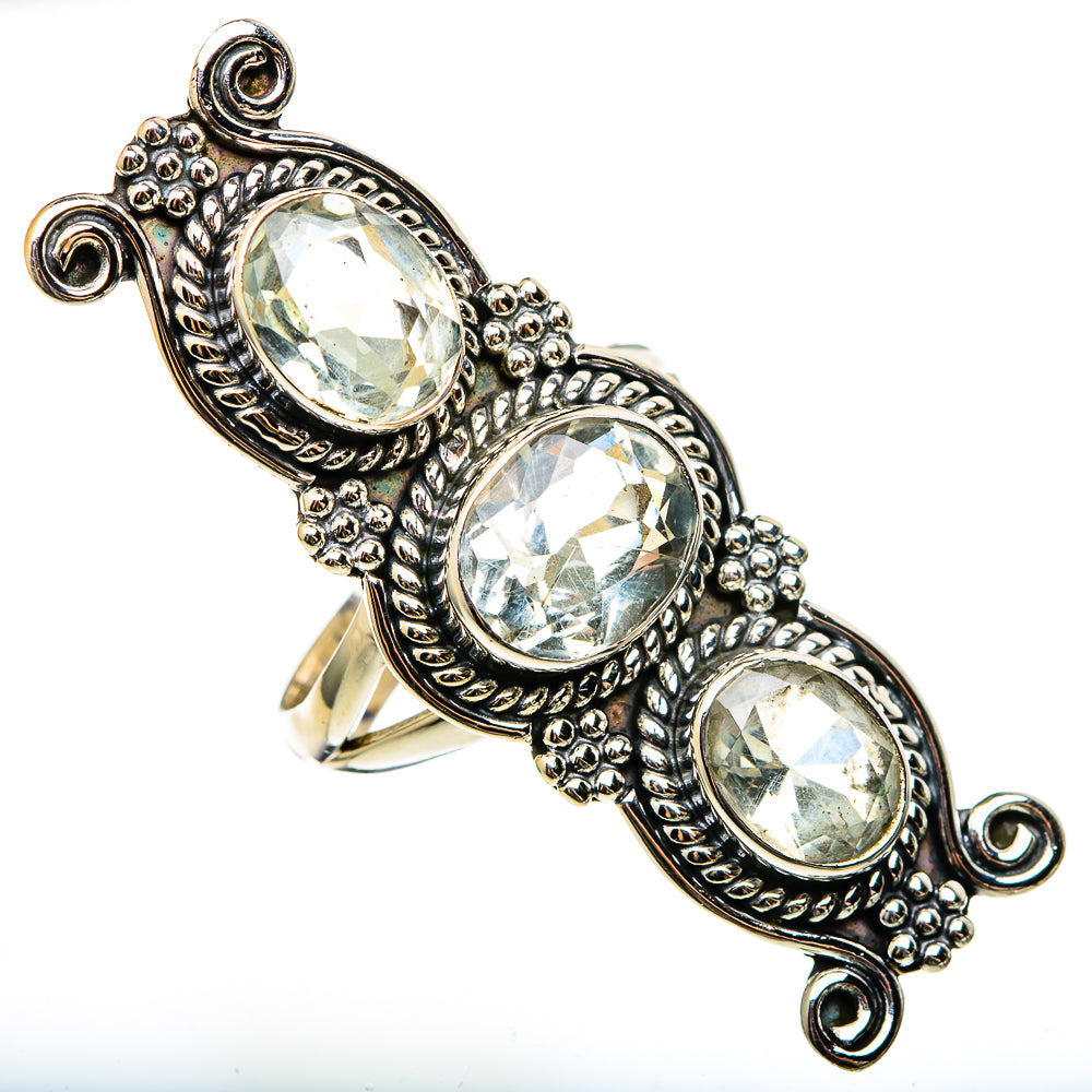Sterling silver statement ring with three oval gemstones, bead-and-engraved setting, size 8.25