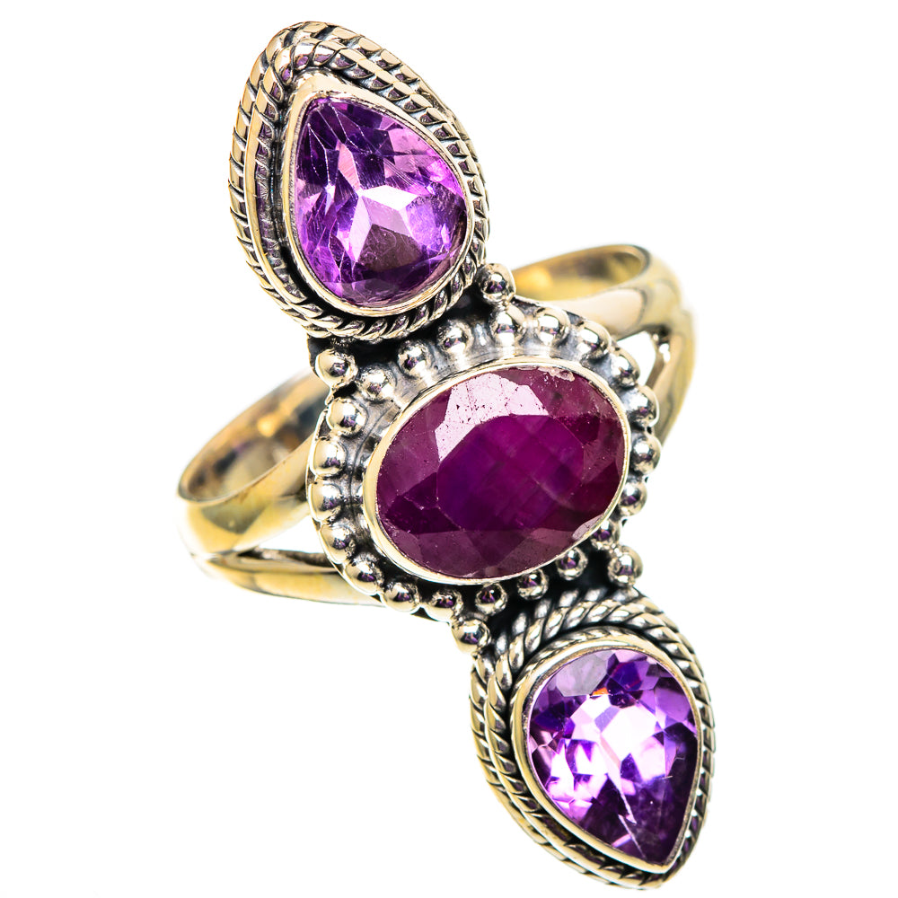 Amethyst gemstone ring, side view, 925 sterling silver with three purple oval stones