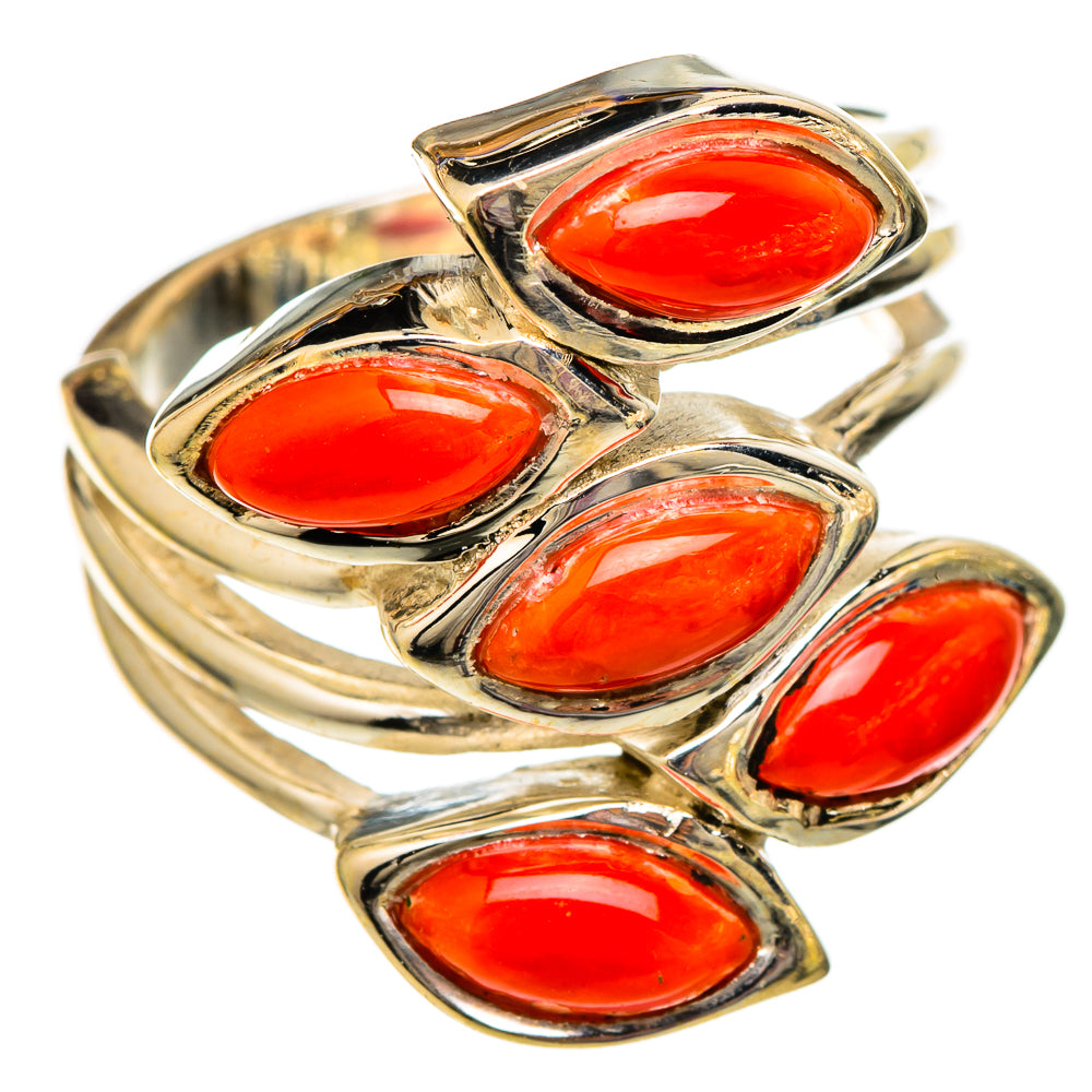 Sterling silver coral ring with five red oval stones on sculpted open band