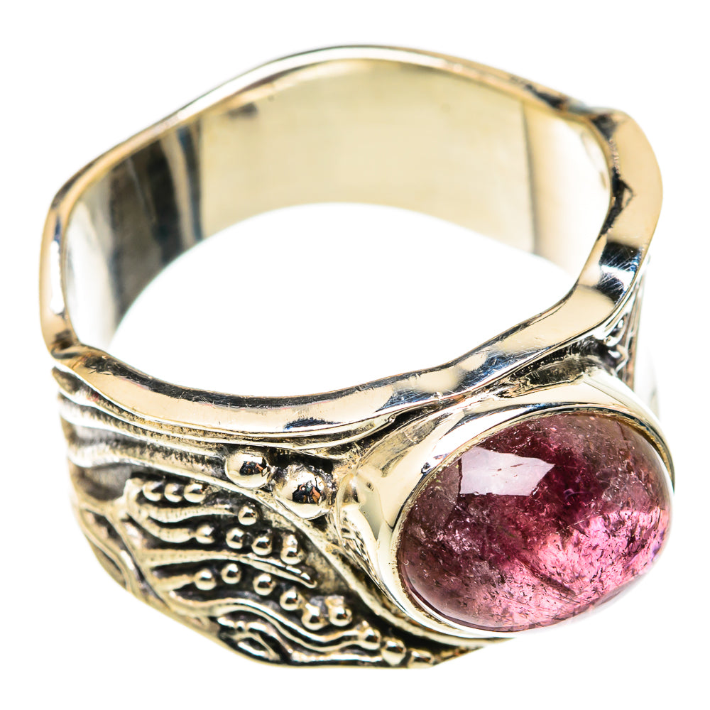 Sterling silver ring with oval pink tourmaline and engraved metal bands