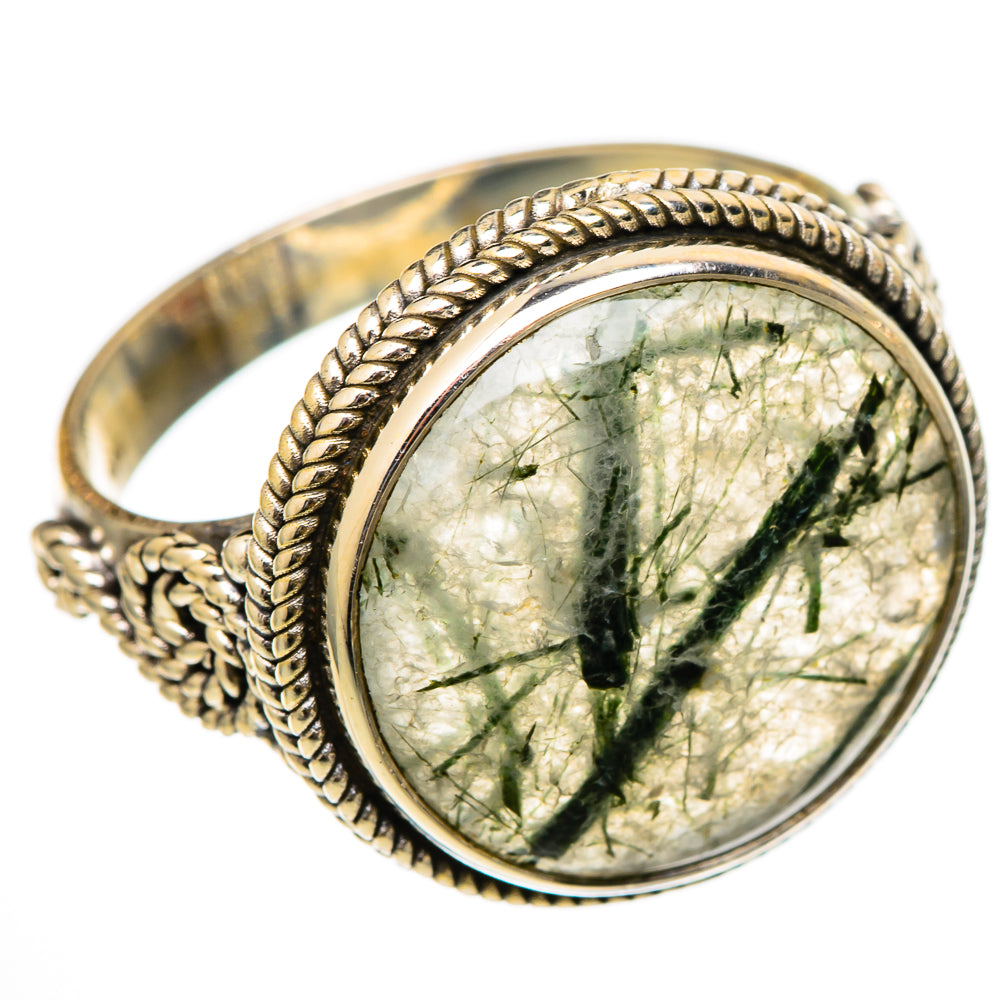925 sterling silver tourmalinated quartz ring with oval stone, green needle inclusions, rope band