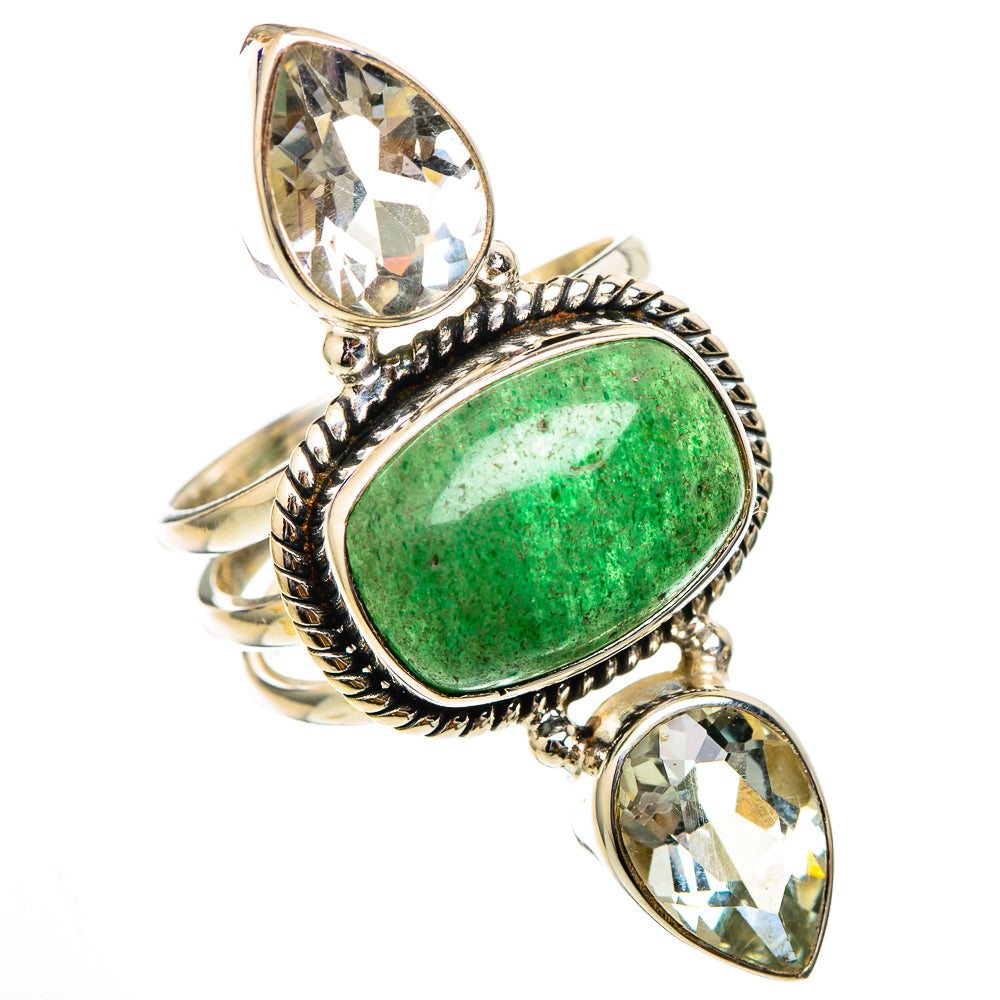 Oval green aventurine gemstone ring with white quartz accents, 925 sterling silver, size 7.5