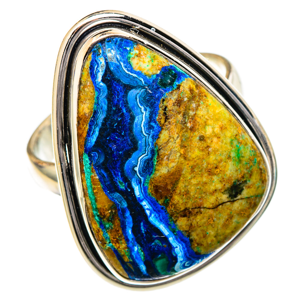 Oval blue, gold, and green stone ring in polished 925 sterling silver bezel