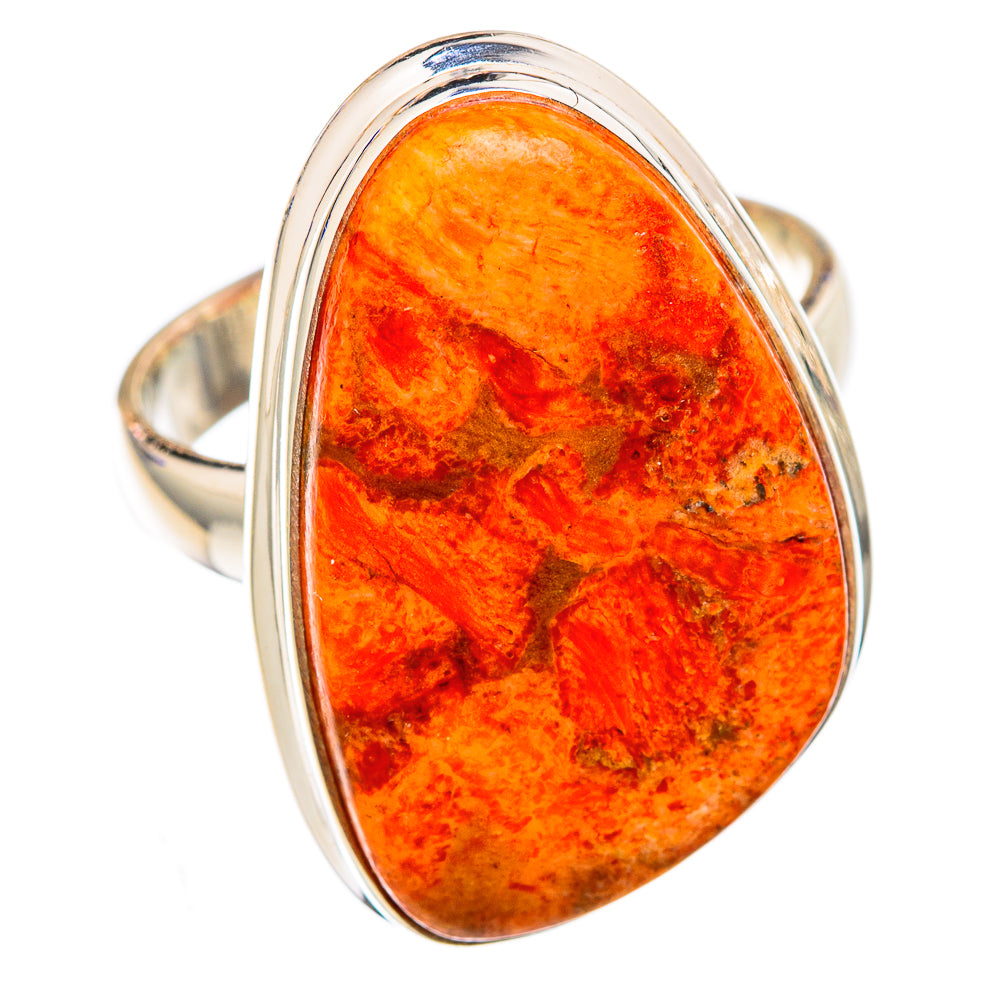 Sterling silver ring with oval orange-red sponge coral cabochon and smooth band