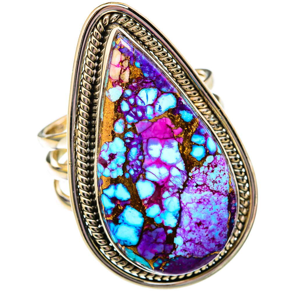 Turquoise spiny oyster teardrop ring in 925 sterling silver with ornate bezel